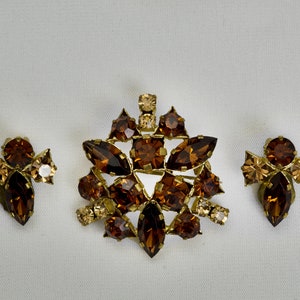 Vintage Austria Rhinestone Topaz Pin Brooch and Clip Earring Rhinestone Costume Jewelry
