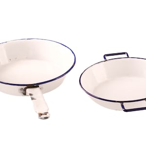 Enamelware Saucepans, Vintage, 5.75&quot; and 6.5&quot;, White with Blue Trim, Germany