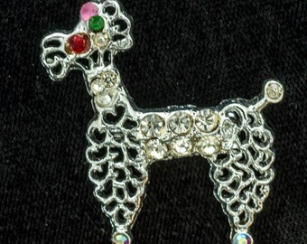 Vintage Silver Filigree Poodle Brooch: Rhinestone Dog Pin