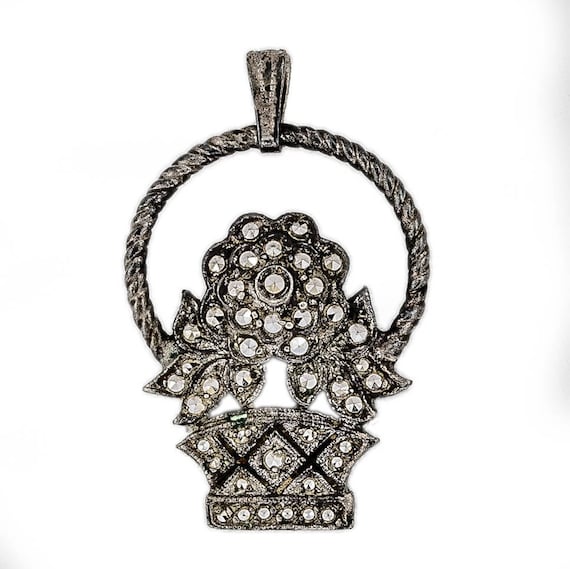 Vintage 1920s Art Deco Marcasite Flower Basket Pe… - image 1