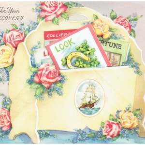 jaren ' 40 ongebruikte Vintage Get-Well kaart en envelop; Cut werk en shabby chic type rozen en miniatuur kaart