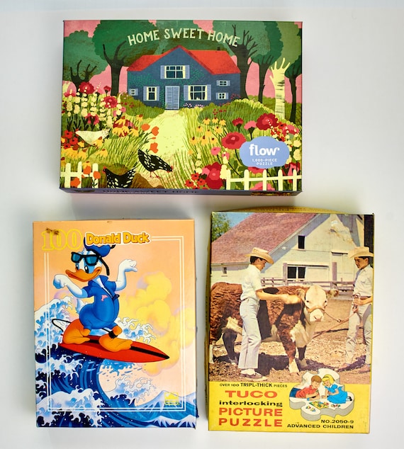 3つのパズルのセット：ヴィンテージの子供用パズルと大人用パズル