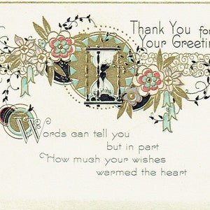 Vintage wenskaart, dank u voor uw kaart, 1920's, goud verguld, zwaar materieel papier, bekleed envelop