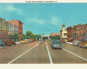 Vintage So. Main St., Newark, hrabstwo Wayne, Nowy Jork, pocztówki lniane
