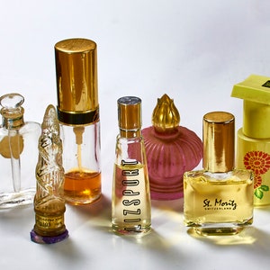 Vintage Lot of Seven Miniature Perfume Bottles – Avon, St. Moritz, LizSport, Blue Waltz