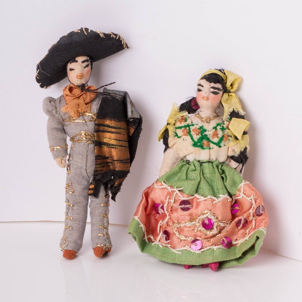 Pair of Latino Miniature Cloth Dolls, Vintage