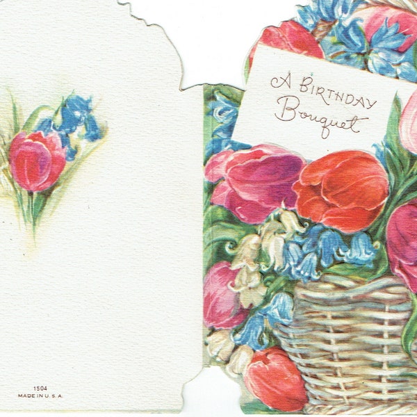 1940’s Unused Vintage Birthday Card and Envelope from "Bouquet Birthday Box”; Cut out Basket of Tulips