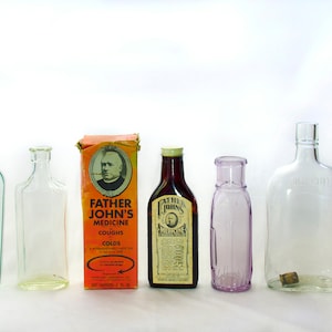 Bottles, Flasks, with Box for "Father Johns", Lot of Six Large Vintage