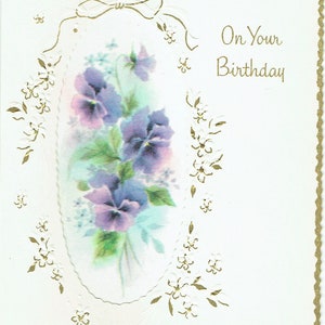 vintage, Carte de voeux d’anniversaire des années 1960, Satin, Embossed, Découpe avec bords dorés