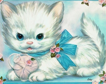 Carte d’anniversaire vintage des années 1970; 7,25 "X 9,25", le PET Set par Coby, chaton et fil