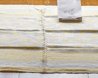 Vintage Tablecloth, Rectangular, 55" X 33", Yellow and White, Linen, Geometric Weave