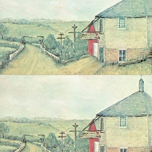 May include: A vintage painting depicts a rural scene with a road leading to a barn. The barn has a red door and a gray roof. A sign reads "Oatfield". The landscape features a bridge, trees, and rolling green hills.