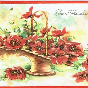 1940er ungenutzter Vintage Get-Well Card und Envelope aus "The Clover Everyday Assortment"; Mohn im Korb