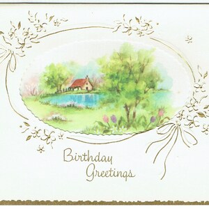 vintage, Carte de voeux d’anniversaire des années 1960, Satin, Embossed, Découpe avec bords dorés
