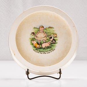 Antique Buffalo China Childs Warming Plate, Baby Bunting & Pigs, Vintage Nursery Art