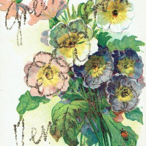 May include: Vintage floral postcard featuring a bouquet of colorful flowers. The flowers include pink, yellow, and purple blooms with green leaves. The words "Merry n.y." are written in a decorative script.
