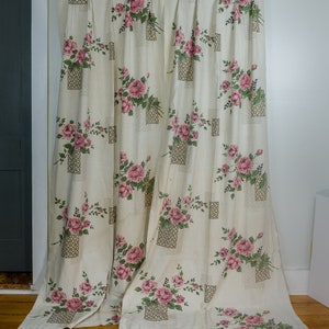 Vintage Barkcloth/Bark Cloth Curtains: Two Pinch Pleat Panels, Pink Flowers and Screens; 82 Inches By 24 Inches, Bark-like Feeling, Medium