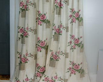 Vintage Barkcloth Pinch Pleat Curtains: Pink Floral Panels, 82x24 Inches