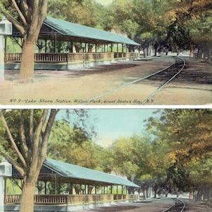 May include: Vintage postcard featuring Lake Shore Station in Willow Park, Great Sodus Bay, N.Y. The image shows a long, covered structure with a teal roof and wooden supports, surrounded by trees and a path. The text "Nº 9-Lake Shore Station, Willow Park, Great Sudus Bay, N.Y." is visible.