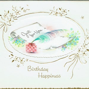 vintage, Carte de voeux d’anniversaire des années 1960, Satin, Embossed, Découpe avec bords dorés
