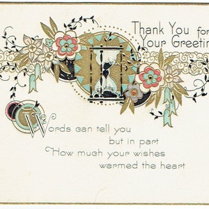 Vintage Greeting Card, dank u voor uw kaart, 1920, goud verguld, zwaar voorraad papier, bekleed envelop