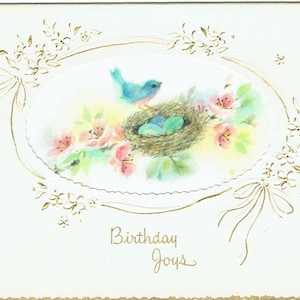 vintage, Carte de voeux d’anniversaire des années 1960, Satin, Embossed, Découpe avec bords dorés