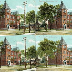 May include: Vintage postcards showing Clyde High School in Clyde, NY. The school is a large brick building with a prominent tower, surrounded by trees and telephone poles. The text "Clyde High School, Clyde, N.Y." is visible.