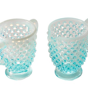 Fenton Blue Opalescent Hobnail Creamer and Sugar, Hobnail, Vintage