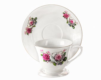 Double Rose Tea Cup and Saucer, Vintage