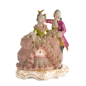 Figura de encaje de Dresde de caballero y dama, 5,5&quot;, vintage, excelente estado