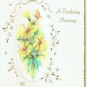 vintage, Carte de voeux d’anniversaire des années 1960, Satin, Embossed, Découpe avec bords dorés