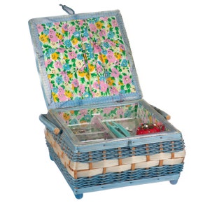 Blue and White Sewing Box, Vintage Plastic and Wicker