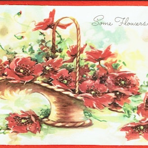 1940er ungenutzter Vintage Get Well Card und Envelope aus "The Clover Get Well Assortment"; Korb der Mohnblumen