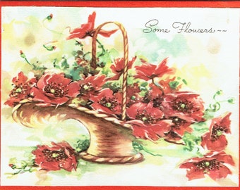 1940s Vintage Get Well Card: Basket of Poppies with Envelope