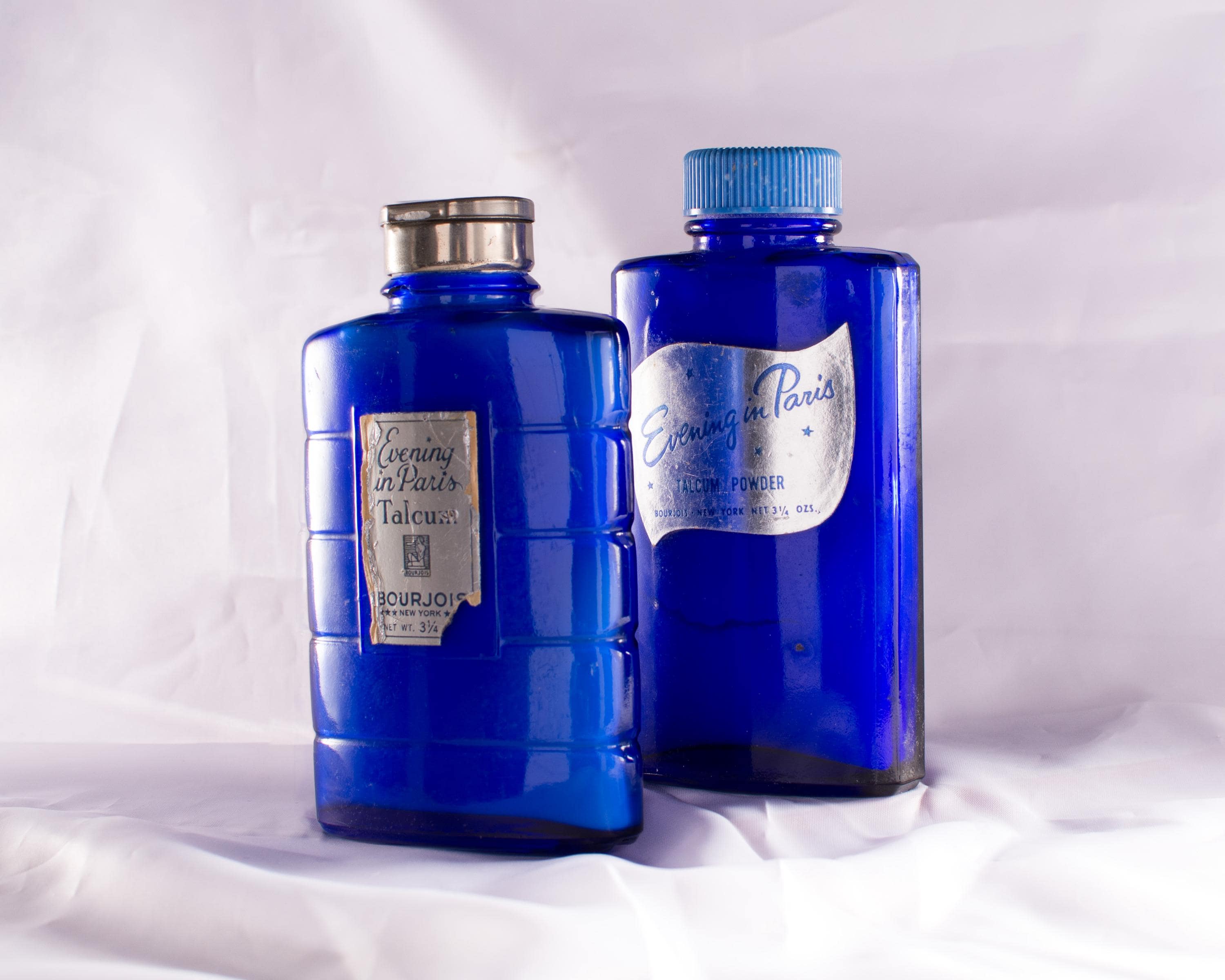 Pair of Evening in Paris Talcum Powders, Blue Glass Bottles, Vintage