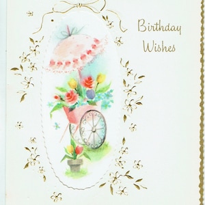 vintage, Carte de voeux d’anniversaire des années 1960, Satin, Embossed, Découpe avec bords dorés