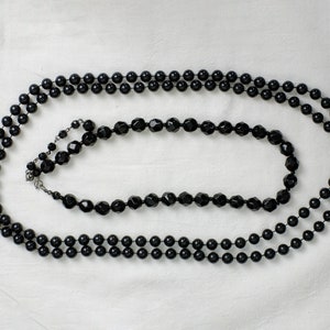 Jet Black Glass Beaded Necklaces, Faceted, Round, Pair