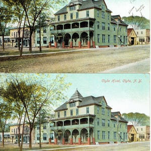 May include: A vintage postcard showing the Clyde Hotel in Clyde, New York. The building is painted light green and has a large porch and a tower. The text "Clyde Hotel, Clyde, N. Y." is printed at the top of the card.