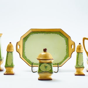 Vintage Made in Japan (Tashiro Shoten Ltd.) Keramik Tischset - Cruets, Zucker, Salz, Pfeffer; Grün und Gelb