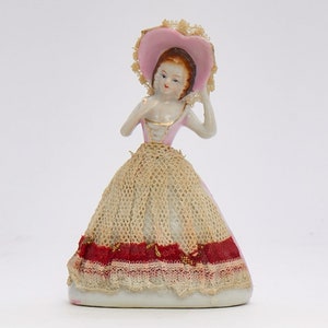 Vintage Red, White and Pink Real Lace Ceramic Japan Figurine Doll