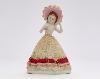 Vintage Red, White and Pink Real Lace Ceramic Japan Figurine Doll