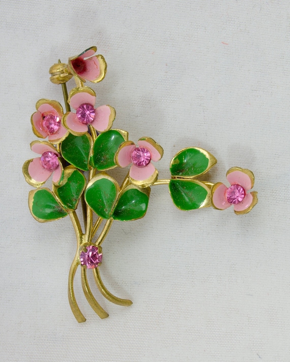 Vintage Pink and Green Clover Brooch Pin - image 1