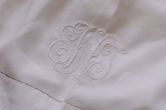 Vintage Leinen Bettlaken mit Monogramm und Bordüre aus 100% Leinen 225x240cm