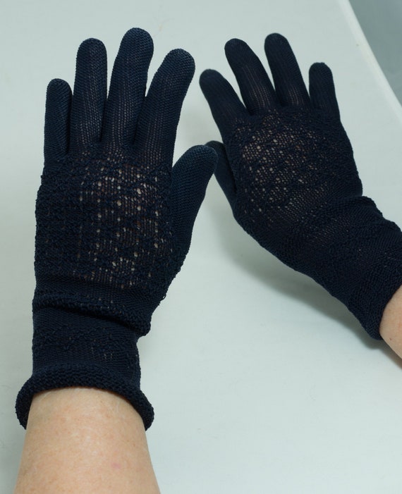 Knit Gloves from 1950's Navy Blue, 1930's, Size S… - image 1