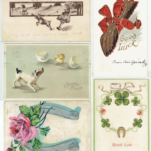 May include: A collection of vintage postcards with various themes. One card features a dog pulling a person, another has a red bow with a "Good Luck" message, and others depict a dog, a horseshoe, and a four-leaf clover.