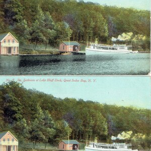 May include: Vintage postcard featuring a steamboat, "Sunbeam," at Lake Bluff Dock, Great Sodus Bay, N.Y. The image shows a white steamboat with smoke, a small dock, and two buildings near the water. Lush green trees and foliage fill the background.