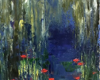 Remembrance - a tranquil and peaceful zen original abstract impressionistic koi pond water nature bayou oil painting on paper 4x4 in 8x8 mat