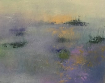 Misty Dawn - a tranquil and peaceful zen original abstract impressionistic pond water nature oil painting on paper 4x4 in 8x8 mat