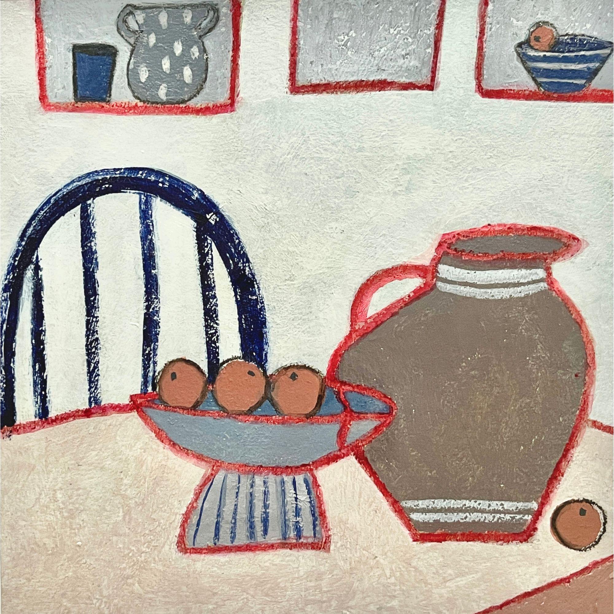 Modernist Still Life Painting: Pitcher, Bowl of Oranges, 6x6 Acrylic Art