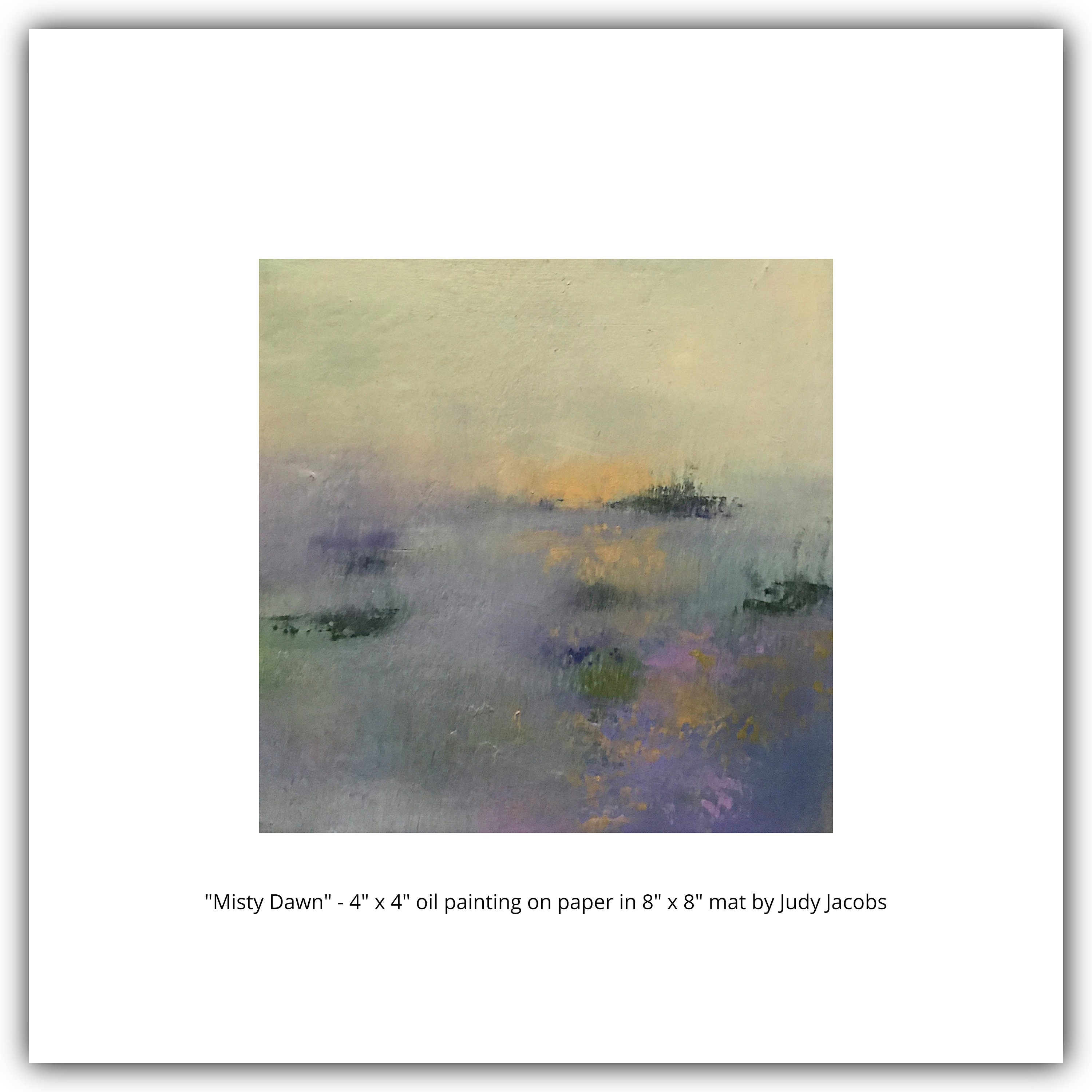 Misty Dawn a Tranquil and Peaceful Zen Original Abstract Impressionistic  Pond Water Nature Oil Painting on Paper 4x4 in 8x8 Mat 